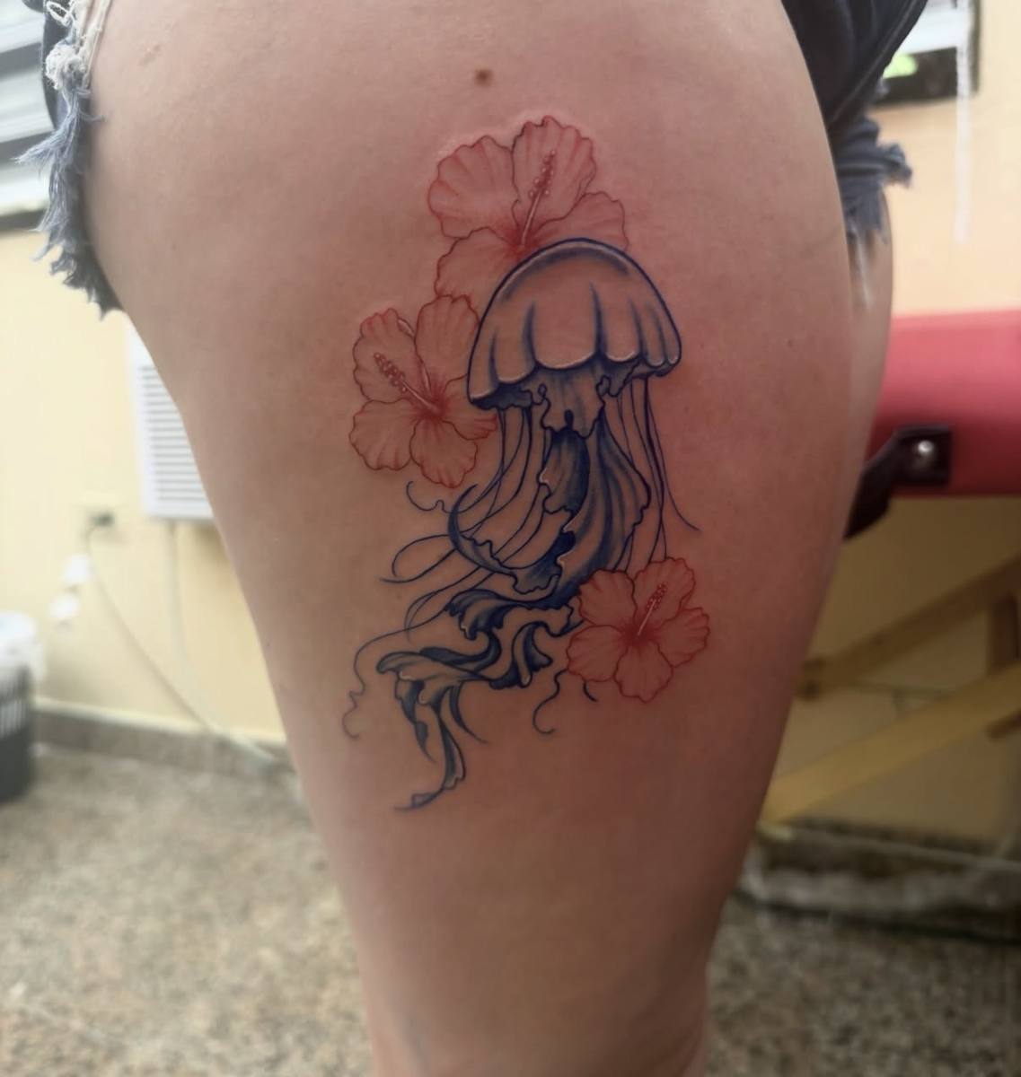 Jellyfish and hibiscus tattoo by Angel J — AWJTATTOOS Rio Grande Puerto Rico