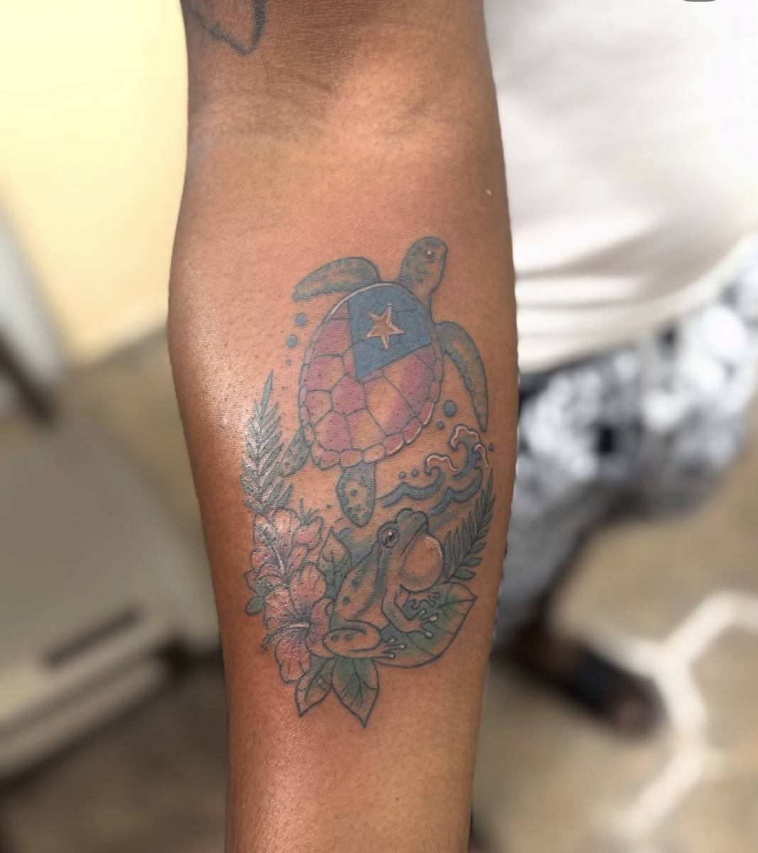Puerto Rico sea turtle and coqui frog tattoo by Angel J — AWJTATTOOS Rio Grande Puerto Rico