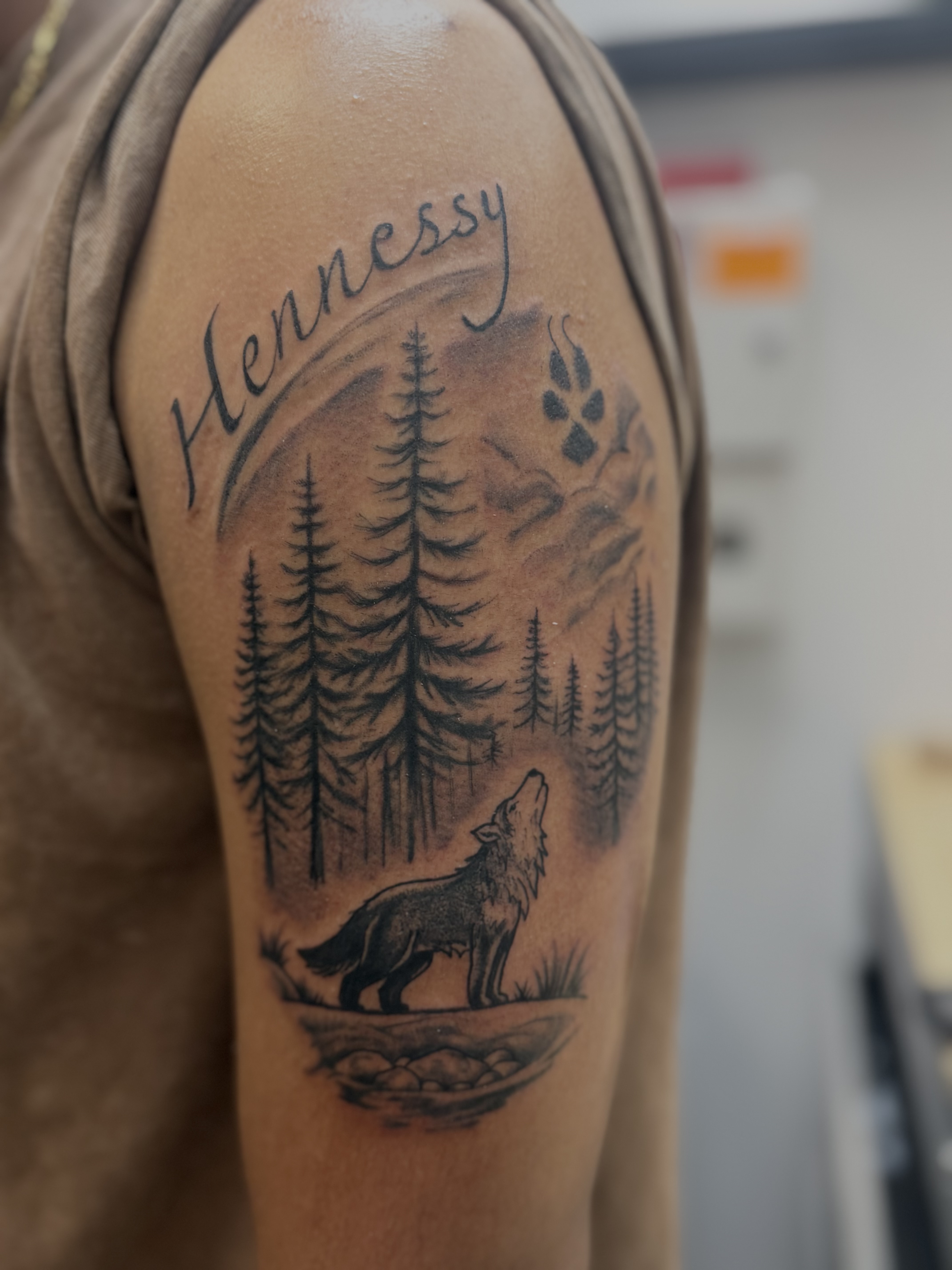 Graywash wolf and forest scene tattoo by Angel J — AWJ Tattoos, Rio Grande Puerto Rico