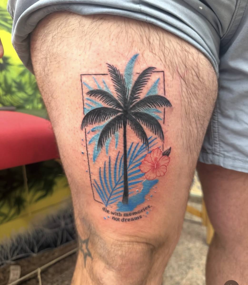 Palm tree and hibiscus color tattoo by Angel J — AWJTATTOOS Rio Grande Puerto Rico
